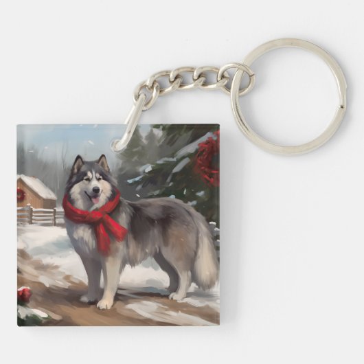 Alaskan Malamute Dog im Schnee Weihnachten Schlüsselanhänger (Rückseite)