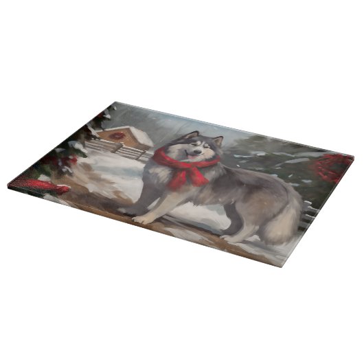 Alaskan Malamute Dog im Schnee Weihnachten Schneidebrett (Ecke)