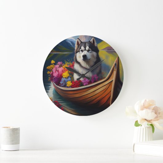 Alaskan Malamute Dog on Paddle: Ein Landschaftlich Große Wanduhr (Zuhause)