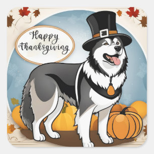 Alaskan Malamute Dog Pilgrim Happy Thanksgiving Quadratischer Aufkleber