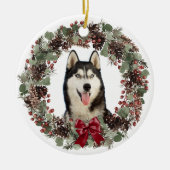 Alaskan Malamute Dog Red Bow Pinecone Wreath Keramik Ornament (Vorne)