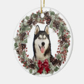 Alaskan Malamute Dog Red Bow Pinecone Wreath Keramik Ornament (Links)