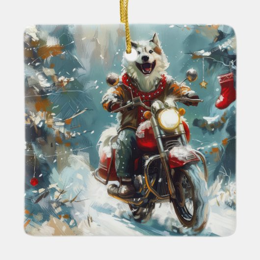 Alaskan Malamute Dog Riding Motorrad Weihnachten Keramikornament (Vorderseite)