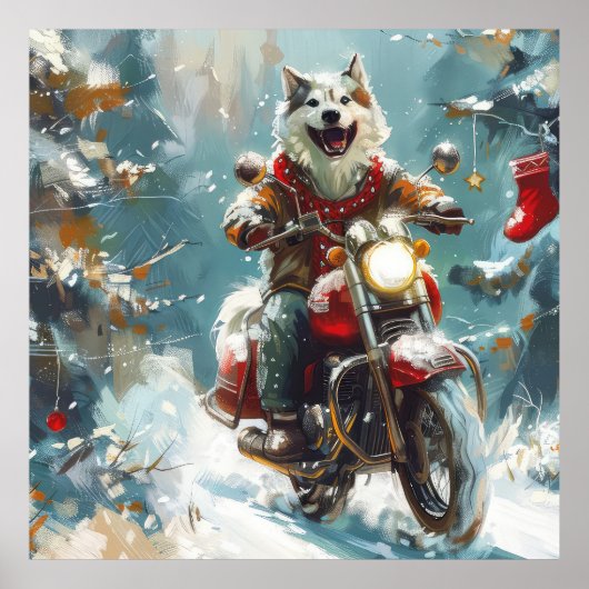 Alaskan Malamute Dog Riding Motorrad Weihnachten Poster (Vorne)