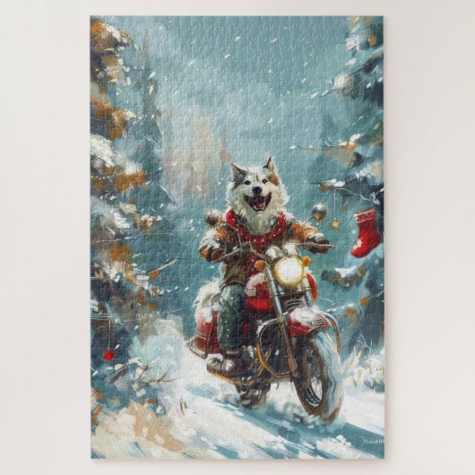 Alaskan Malamute Dog Riding Motorrad Weihnachten Puzzle (Vertikal)
