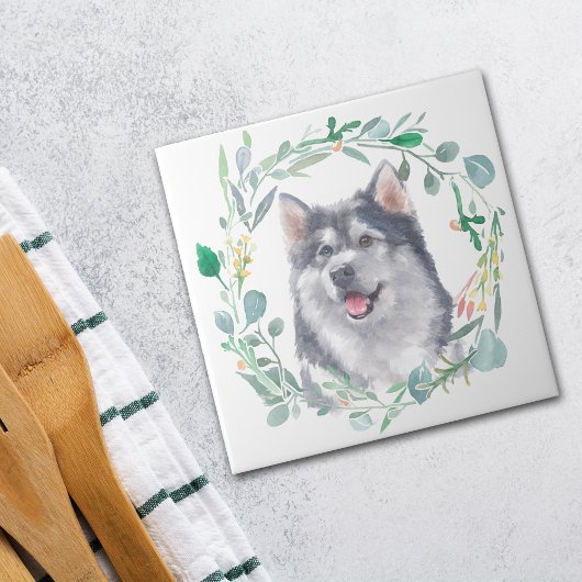 Alaskan Malamute Dog Watercolor Wreath Fliese