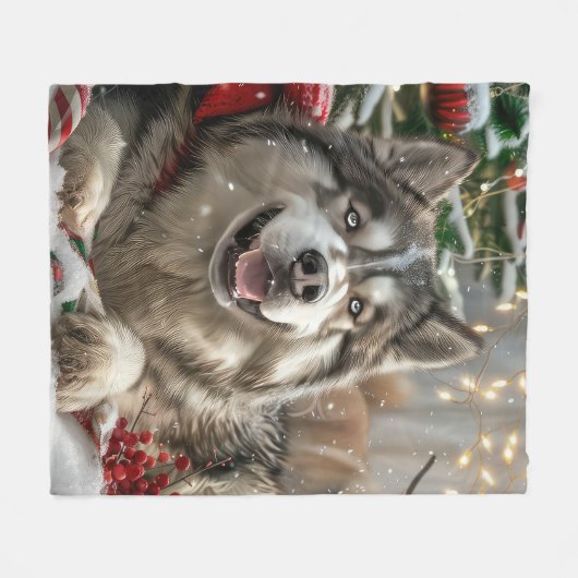Alaskan Malamute Dog Weihnachtsfest Fleecedecke (Vorderseite (Horizontal))