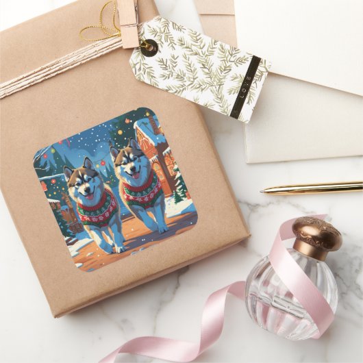 Alaskan Malamute Dogs Christmas Snow Holiday Quadratischer Aufkleber (Schenken)