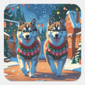 Alaskan Malamute Dogs Christmas Snow Holiday Quadratischer Aufkleber (Vorderseite)