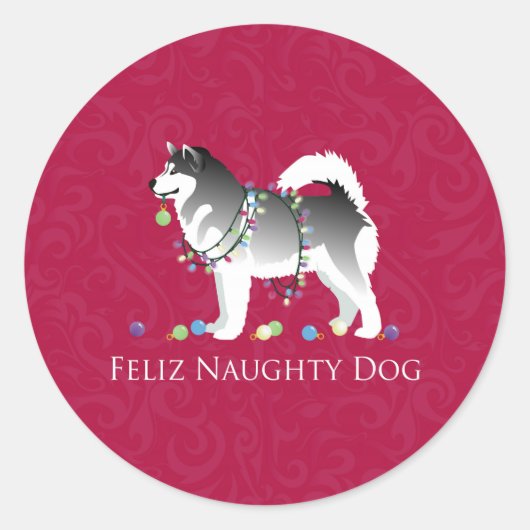 Alaskan Malamute Feliz Naughty Dog Weihnachten Runder Aufkleber (Vorderseite)