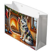 Alaskan Malamute Fireplace with Christmas Lights Große Geschenktüte (Vorderseite Schrägansicht)