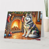 Alaskan Malamute Fireplace with Christmas Lights Karte (Vorderseite)