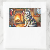 Alaskan Malamute Fireplace with Christmas Lights Rechteckiger Aufkleber (Tasche)