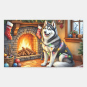 Alaskan Malamute Fireplace with Christmas Lights Rechteckiger Aufkleber (Vorderseite)