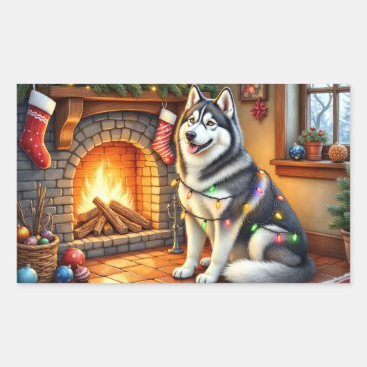 Alaskan Malamute Fireplace with Christmas Lights Rechteckiger Aufkleber (Vorderseite)