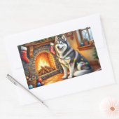 Alaskan Malamute Fireplace with Christmas Lights Rechteckiger Aufkleber (Umschlag)