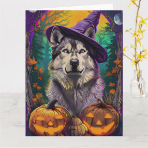  Alaskan Malamute Halloween Hexe und Kürbis  Karte