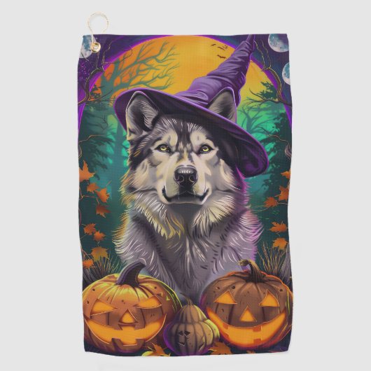 Alaskan Malamute Halloween Hexe und Pumpkin Golfhandtuch (Vorderseite)