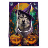 Alaskan Malamute Halloween Hexe und Pumpkin Mittlere Geschenktüte (Rückseite)
