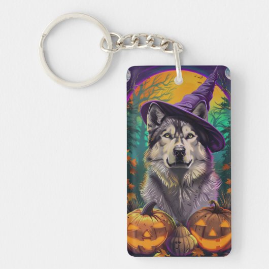 Alaskan Malamute Halloween Hexe und Pumpkin Schlüsselanhänger (Vorderseite)