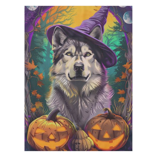 Alaskan Malamute Halloween Hexe und Pumpkin Tischdecke (Vorderseite)