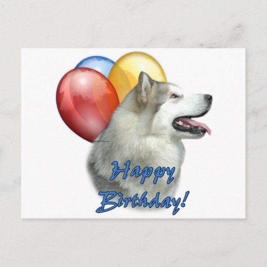 Alaskan Malamute Happy Birthday Balloons Postkarte (Vorderseite)