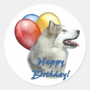 Alaskan Malamute Happy Birthday Balloons Runder Aufkleber