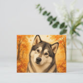 Alaskan Malamute Herbstwald Hund Postkarte (Stehend Vorderseite)