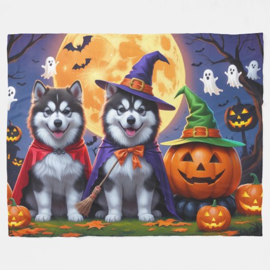 Alaskan Malamute Hogs Pumpkin Halloween Funny Fleecedecke (Vorderseite (Horizontal))