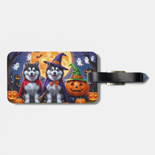 Alaskan Malamute Hogs Pumpkin Halloween Funny Gepäckanhänger (Rückseite horizontal)