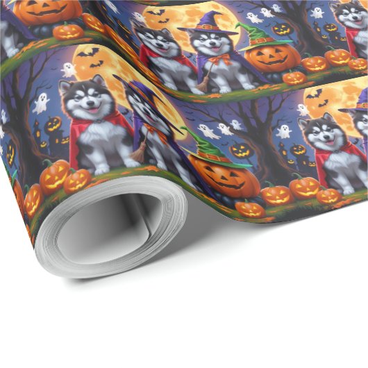 Alaskan Malamute Hogs Pumpkin Halloween Funny Geschenkpapier (Rolleneckpunkt)