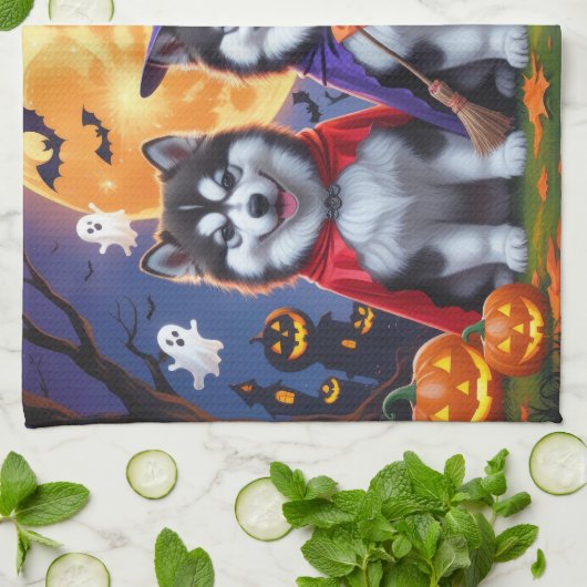 Alaskan Malamute Hogs Pumpkin Halloween Funny Geschirrtuch (Gefaltet)