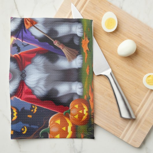 Alaskan Malamute Hogs Pumpkin Halloween Funny Geschirrtuch (Viertel Falte)