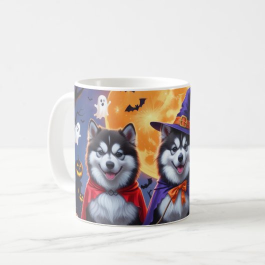 Alaskan Malamute Hogs Pumpkin Halloween Funny Kaffeetasse (Vorderseite Links)