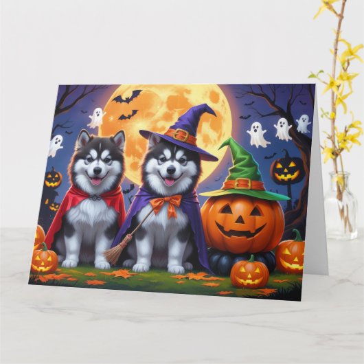 Alaskan Malamute Hogs Pumpkin Halloween Funny Karte (Gelbe Blume)