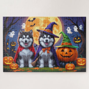 Alaskan Malamute Hogs Pumpkin Halloween Funny Puzzle