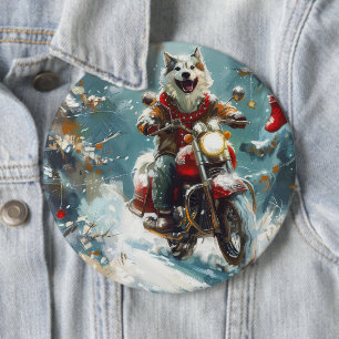 Alaskan Malamute Hund fährt Motorrad Weihnachten Button