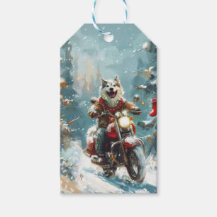 Alaskan Malamute Hund fährt Motorrad Weihnachten Geschenkanhänger