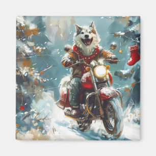 Alaskan Malamute Hund fährt Motorrad Weihnachten Magnet