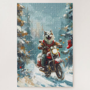 Alaskan Malamute Hund fährt Motorrad Weihnachten Puzzle