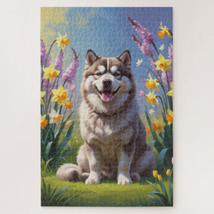 Alaskan Malamute Hund Frühlingsblumen Malerei Puzzle