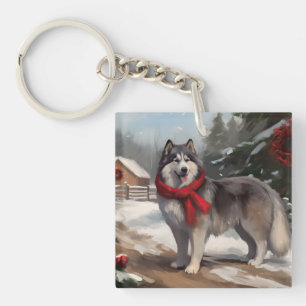 Alaskan Malamute Hund im Schnee Weihnachten Schlüsselanhänger