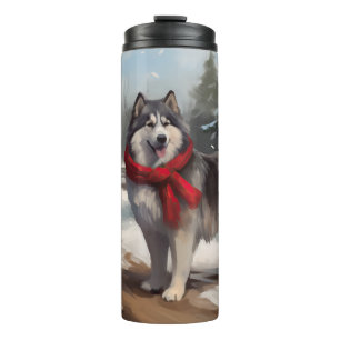 Alaskan Malamute Hund im Schnee Weihnachten Thermosbecher