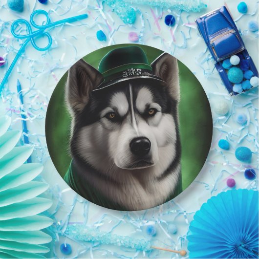 Alaskan Malamute Hund in St. Patrick's Day Dress Pappteller (Party)