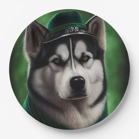 Alaskan Malamute Hund in St. Patrick's Day Dress Pappteller (Vorderseite)