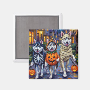 Alaskan Malamute Hunde beim Trick-or-Treat an Hall Magnet