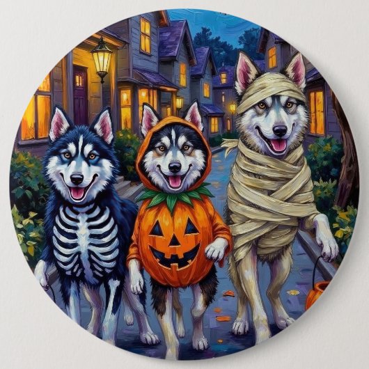 Alaskan Malamute Hunde Trick-or-Treating Halloween Button (Vorderseite)