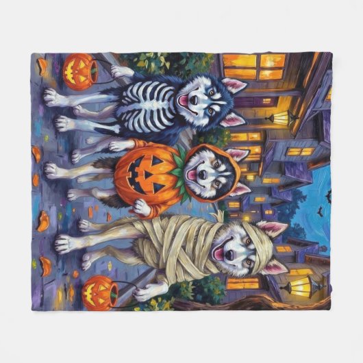 Alaskan Malamute Hunde Trick-or-Treating Halloween Fleecedecke (Vorderseite (Horizontal))