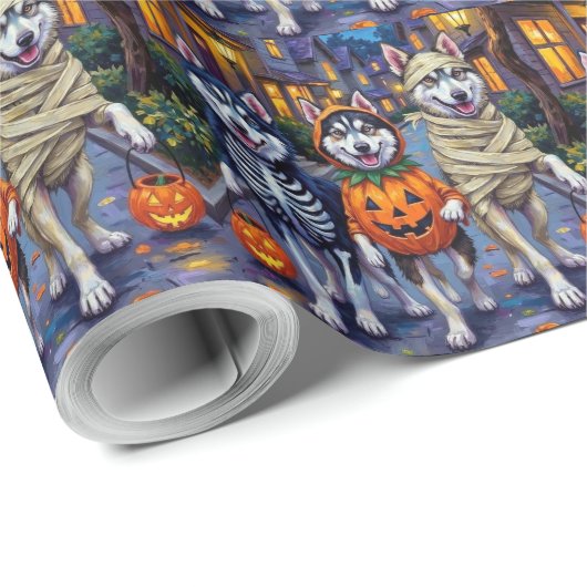 Alaskan Malamute Hunde Trick-or-Treating Halloween Geschenkpapier (Rolleneckpunkt)