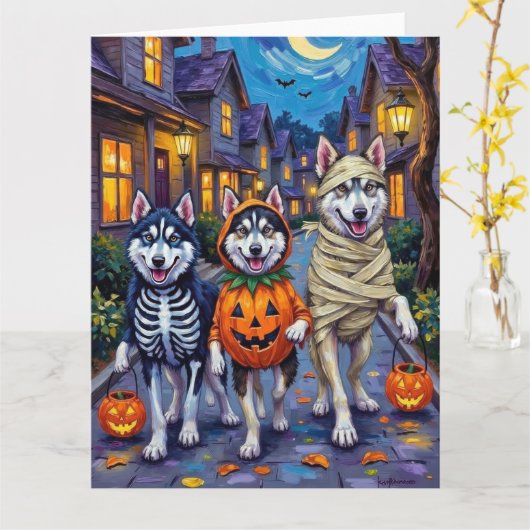 Alaskan Malamute Hunde Trick-or-Treating Halloween Karte (Gelbe Blume)